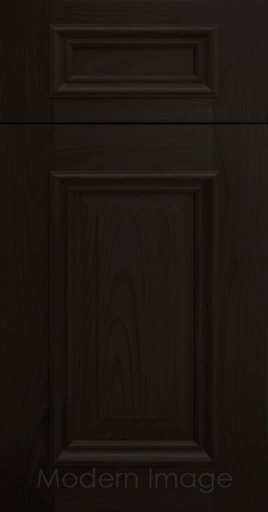 Heritage custom cabinets in a Onyx Stain, classic raised panel doors, and modern flat slab drawer fronts.